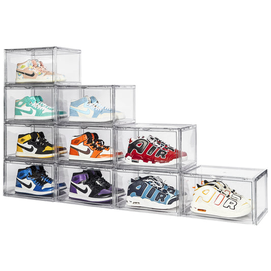 Elevate Your Space: Spacecrafters 10-Pack Ultra-Clear, Stackable Shoe Organizers - Magnetic Magic & Waterproof Wonder!